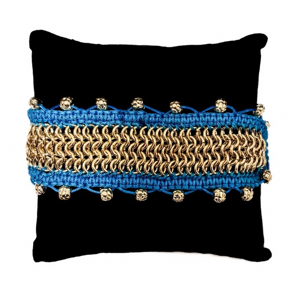 NEW - The Sak Chic Gold Chainmail & Blue Cord Adjustable Trendy Bracelet - Picture 1 of 2